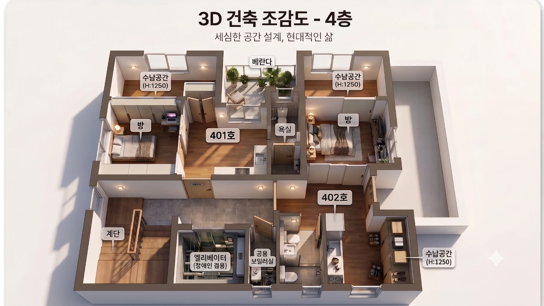 자양동 신축 주거 프로젝트 4층 3D 평면도